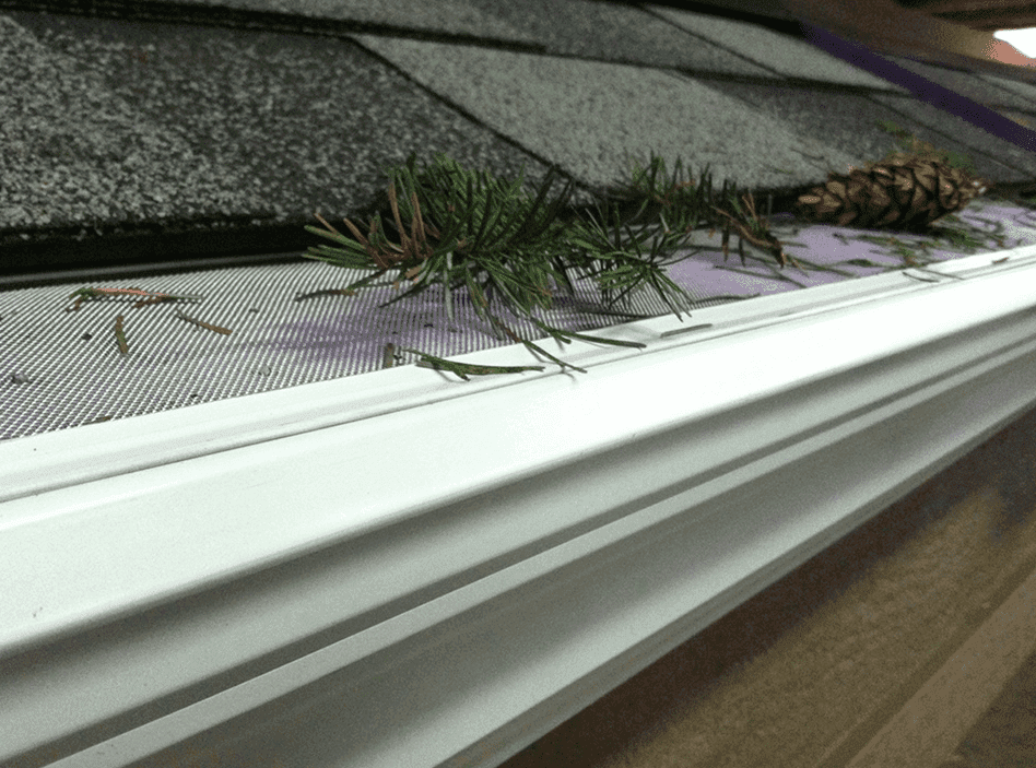 A close-up of new gutters with a protective screen that has caught debris.
