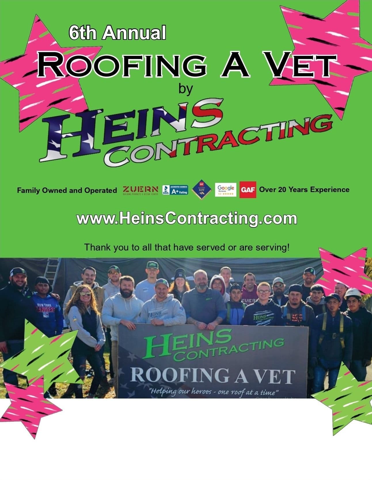 A graphic advertising the Heins Contracting "Roofing a Vet" giveaway.